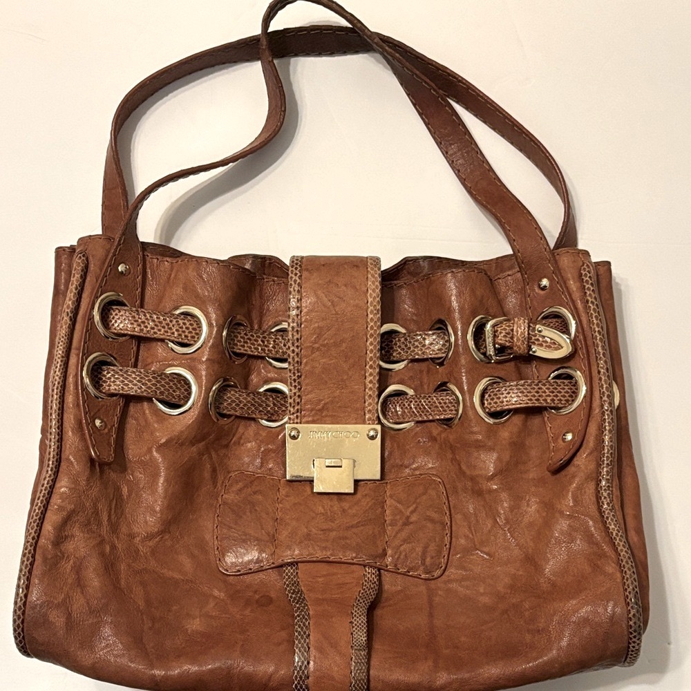Jimmy Choo Brown Leather and Snakeskin Ramona Tote